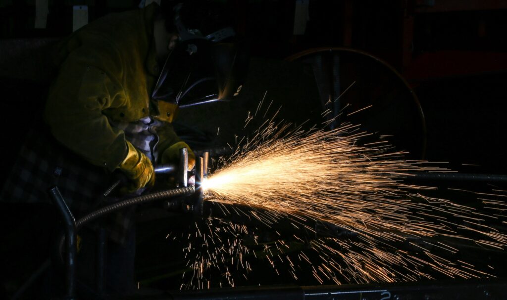 Grinding back a cracked weld on equipment steel